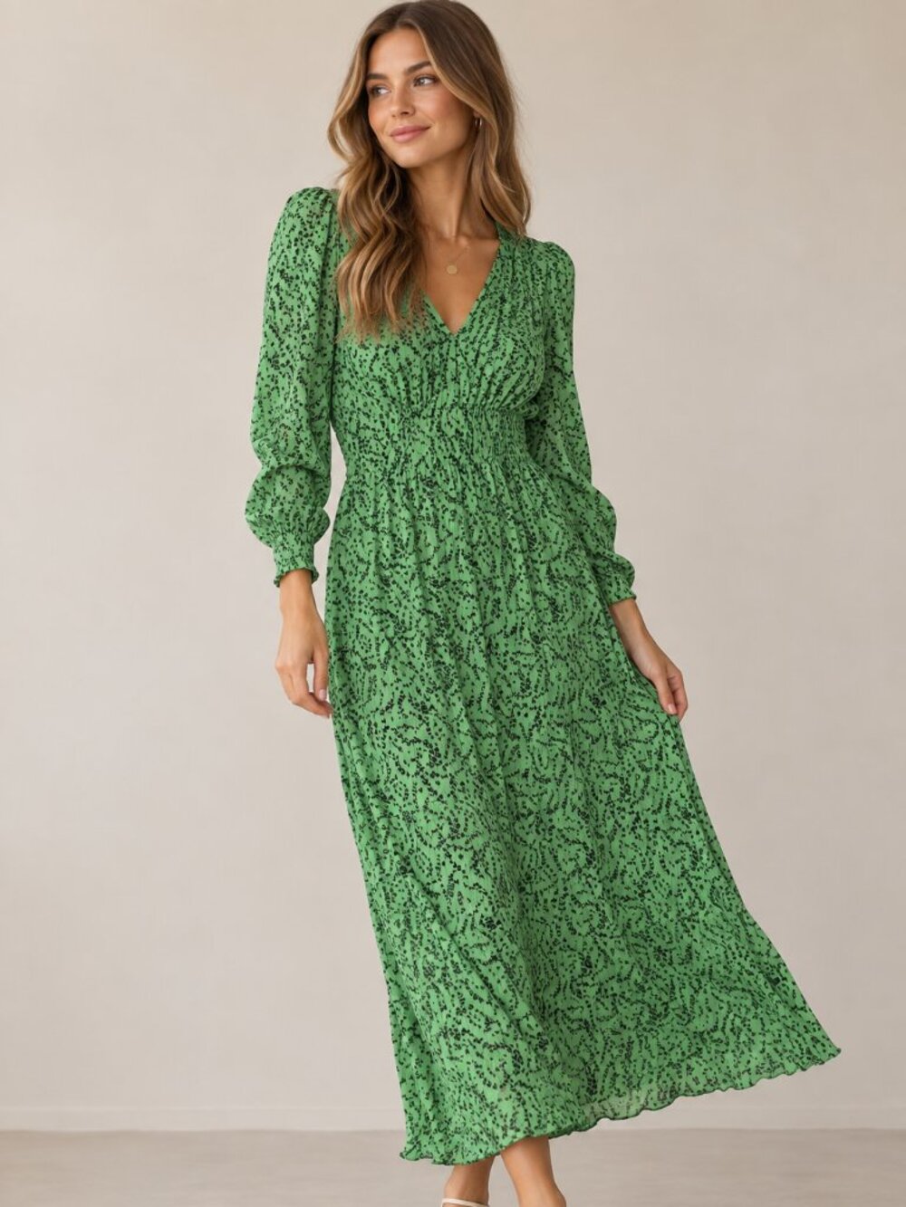 MNG by Mango Green Black Floral Pleated Midi Maxi Dress Long Sleeve Size Small